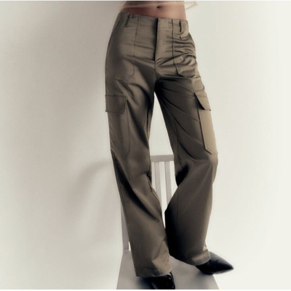 Zara Satin Cargo Pants Womens Size Large Gray Wide Leg New - Picture 4 of 16